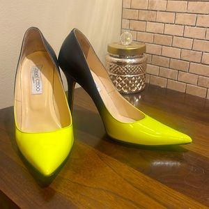 Pre- Loved JIMMY CHOO Heels. Neon green/yellow & Black Patent Leather Pumps